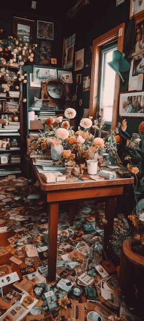 Une table avec des fleurs dessus et une étagère avec une photo de chat dessus.