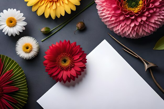 Une table avec des fleurs et une feuille de papier blanc