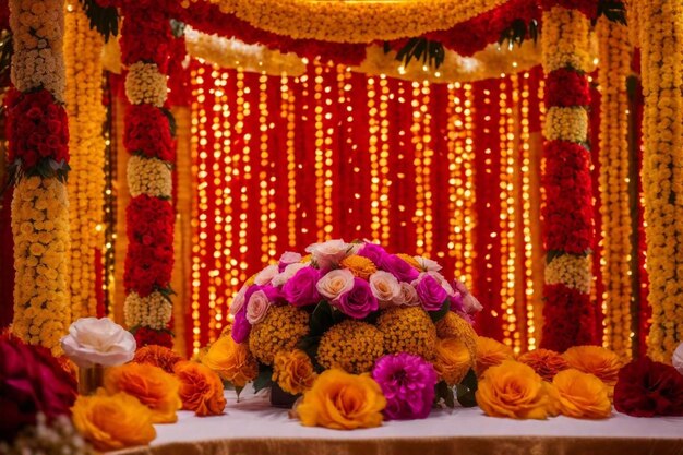 Photo une table avec des fleurs et un grand bouquet de fleurs dessus