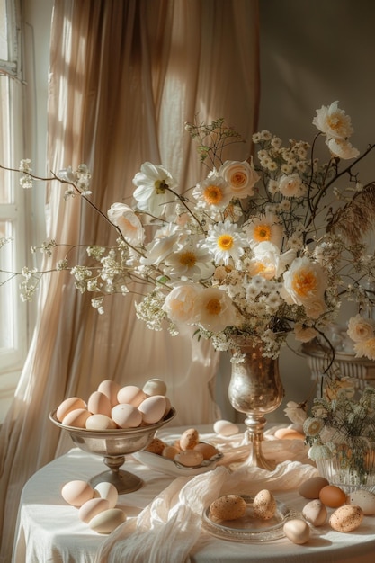 Une table avec des fleurs et des œufs