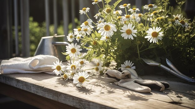 Une table avec des fleurs et un pot d'eau