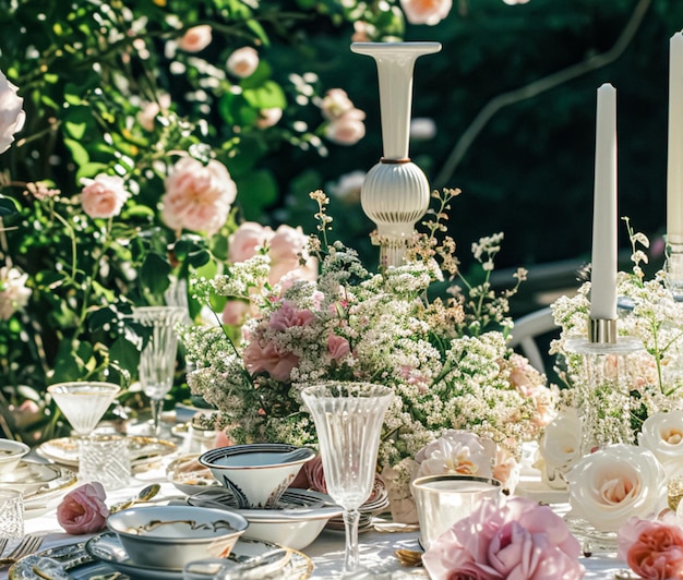 Table avec des fleurs de roses et des bougies pour une fête d'événement ou une réception de mariage dans le jardin d'été