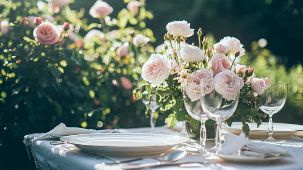 Table avec des fleurs de roses et des bougies pour une fête d'événement ou une réception de mariage dans le jardin d'été