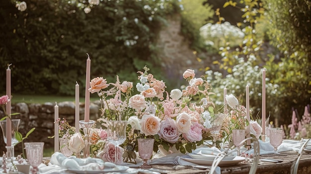 Table avec des fleurs de roses et des bougies pour une fête d'événement ou une réception de mariage dans le jardin d'été