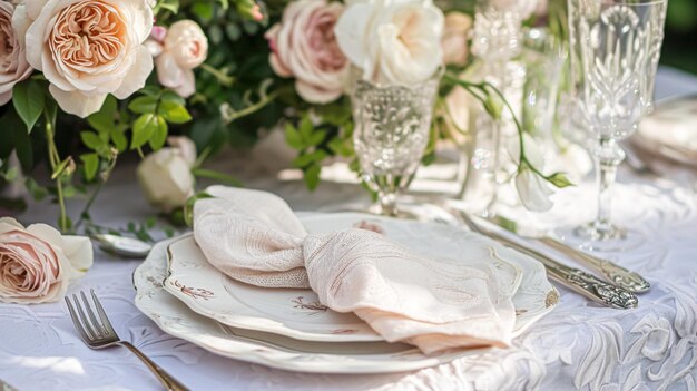 Table avec des fleurs de roses et des bougies pour une fête d'événement ou une réception de mariage dans le jardin d'été