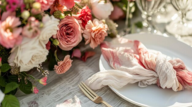 Photo table avec des fleurs de roses et des bougies pour une fête d'événement ou une réception de mariage dans le jardin d'été