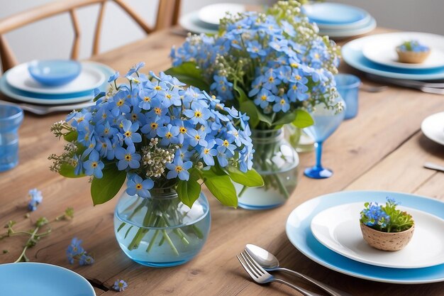 Photo table florale d'été avec des fleurs d'oubli bleu vif sur une table en bois