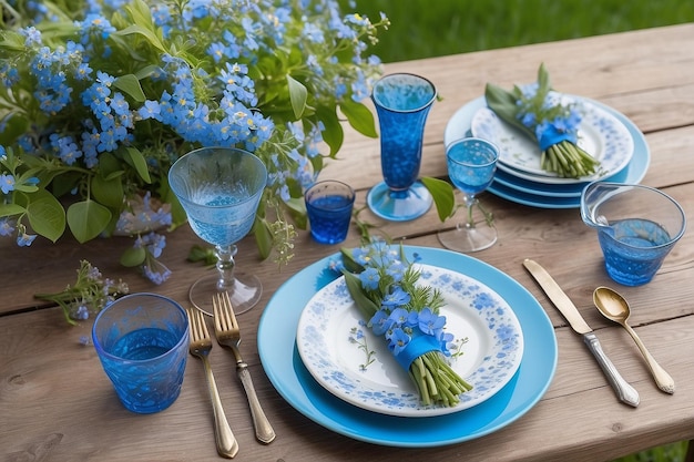 Table florale d'été avec des fleurs d'oubli bleu vif sur une table en bois