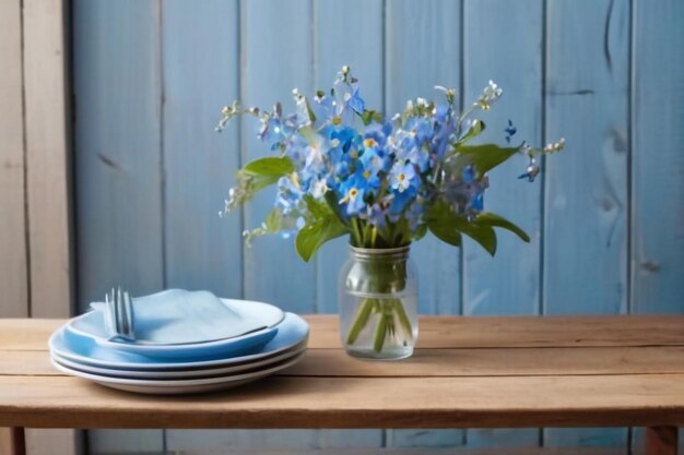 Table florale d'été avec des fleurs d'oubli bleu vif sur une table en bois