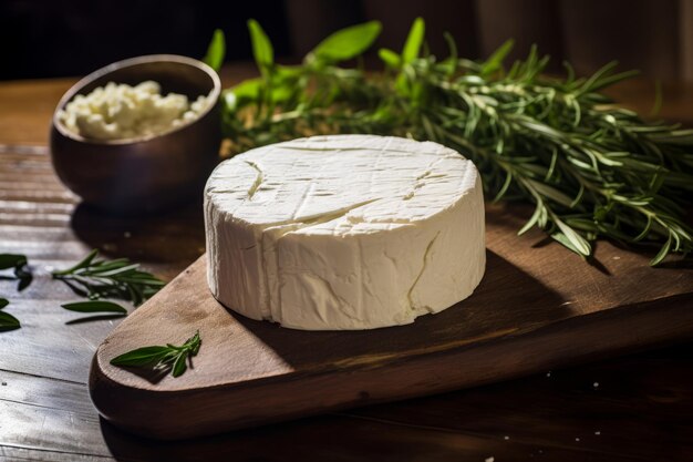 Table à fromage avec un morceau de fromage dessus et un bol d'herbes Generative AI