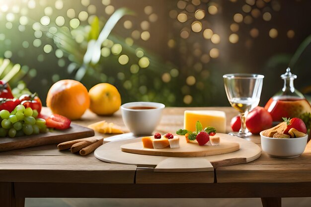 une table avec des fruits, du fromage et des fruits dessus