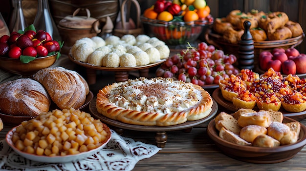 Une table avec des fruits et du pain