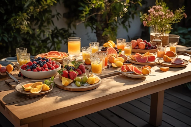 Une table de fruits et de jus sur un patio