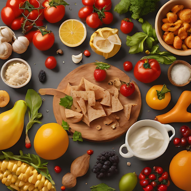 Photo une table avec des fruits, des légumes et un bol de nourriture