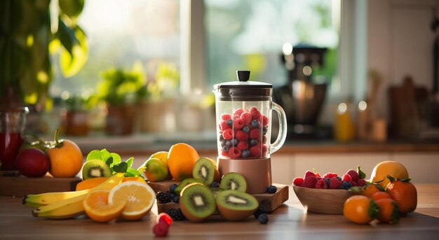 Photo table avec des fruits et légumes avec un mélangeur manger sainement