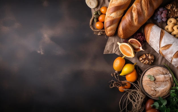 Une table avec des fruits à pain et des noix dessus