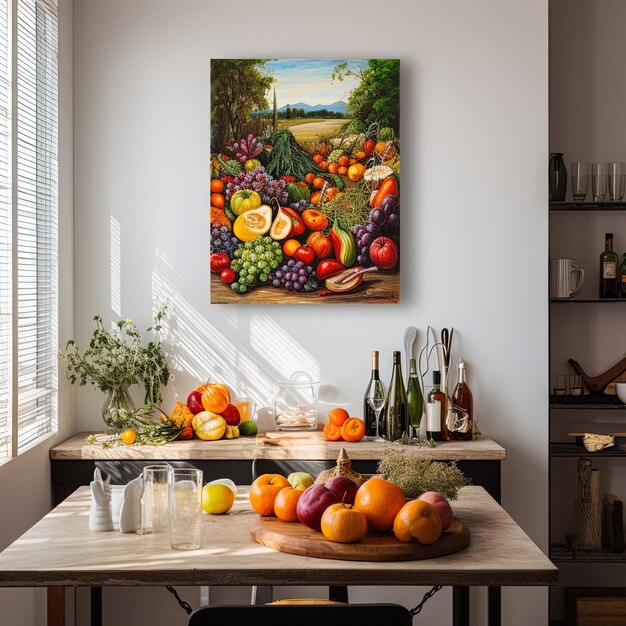 Photo une table avec des fruits et une peinture dessus