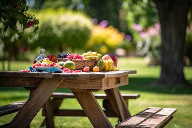 Une table de fruits sur une table de pique-nique dans un jardin