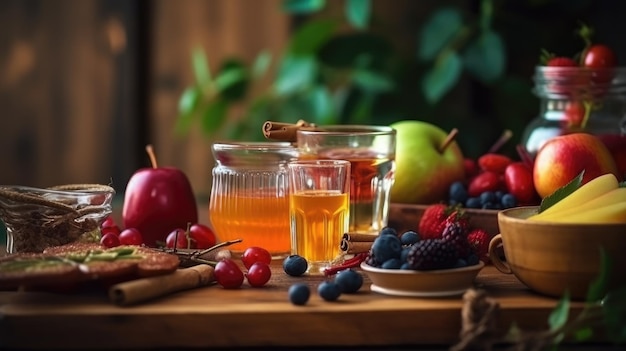 Une table avec des fruits et un verre de jus de pomme