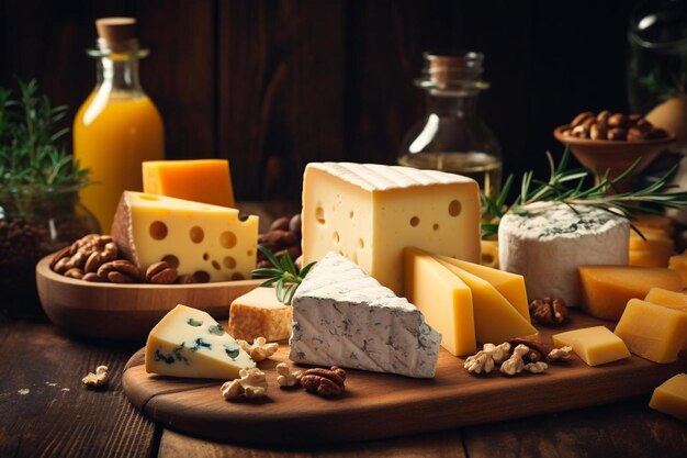 une table garnie de fromage et de noix sur une table en bois