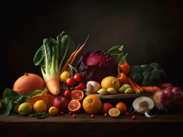Une table garnie de nombreux types de fruits et légumes différents Image AI générative