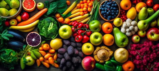 Table garnie de nombreux types de fruits et légumes IA générative