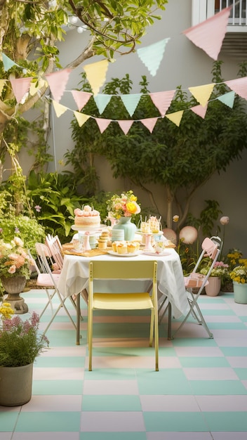 une table avec un gâteau d'anniversaire et une bannière