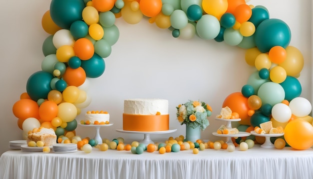 une table de gâteau avec des ballons et un gâteau dessus