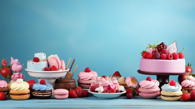 Table avec gâteaux, tartes et gâteau génératif Ai