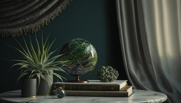 Une table avec un globe et une plante dessus