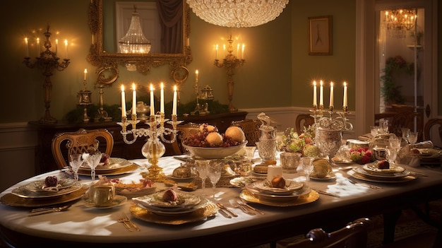 Une table avec une grande table avec de nombreuses assiettes et un lustre