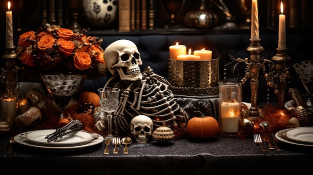 Table d'Halloween avec des citrouilles et