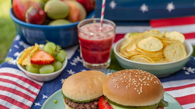 une table avec un hamburger, des fraises et une boisson