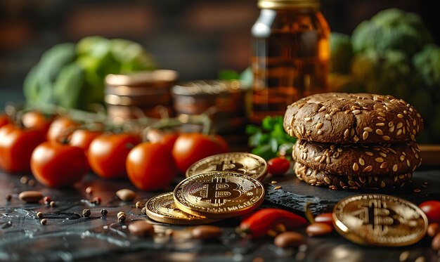 Photo une table avec un hamburger et une pile de pièces et une pièce d'argent dessus