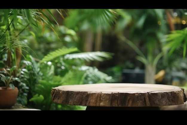 Table de haut bois comptoir sol podium dans la nature à l'extérieur forêt tropicale jardin flou vert jungle végétal fond produit naturel présent placement piédestal stand d'affichage génératif ai