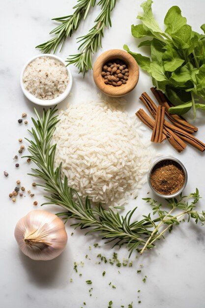 Photo une table avec des herbes et des épices de riz, y compris du riz