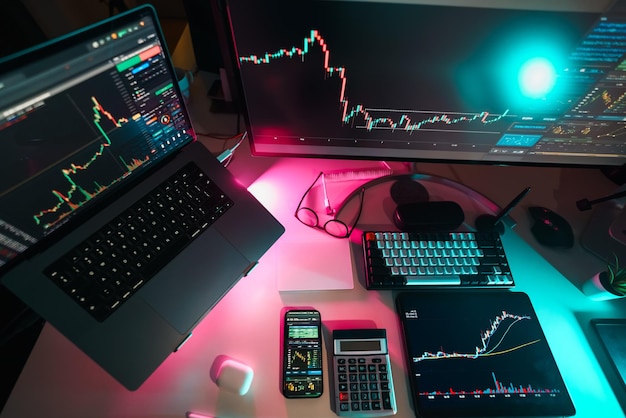 table d'homme d'affaires finance mondiale et marchés de crypto-monnaie table avec affichage ordinateur portable