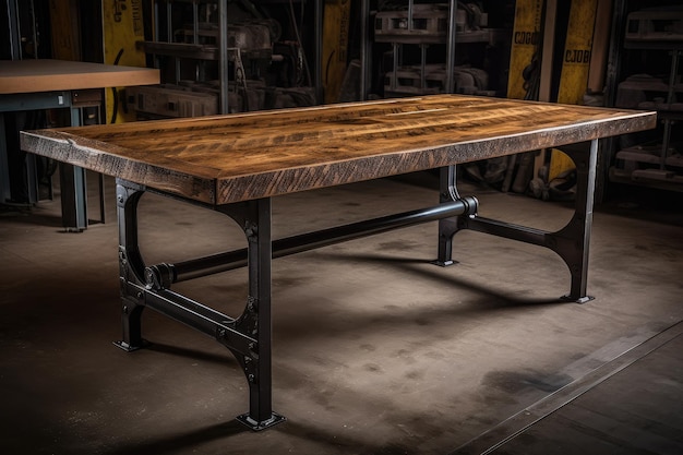 Photo table industrielle artisanale avec pieds en métal et plateau en bois créé avec générative ai