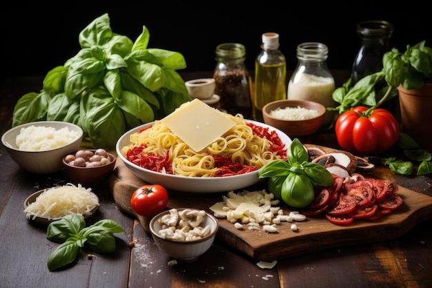 Photo table avec des ingrédients frais italiens