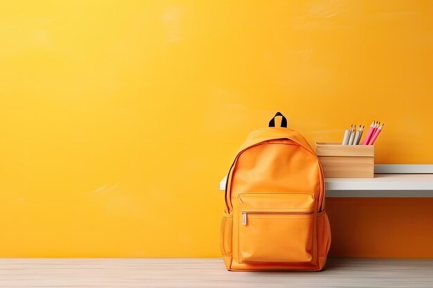 Table à l'intérieur avec un espace pour le texte contenant des fournitures scolaires et un sac à dos vibrant