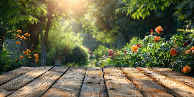 Photo table de jardin en bois gros exemplaire spcae pour le texte génératif ai