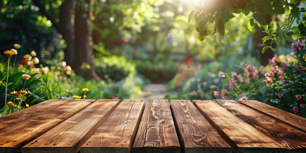 Photo table de jardin en bois gros exemplaire spcae pour le texte génératif ai