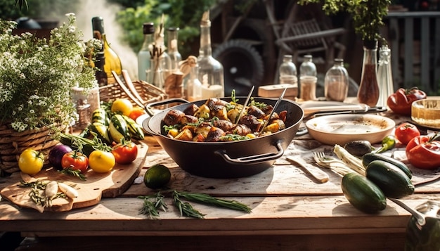 Table de jardin remplie de nourriture barbecuetable de nourriture d'été remplie de boissons et de nourriture à l'extérieur dans le g