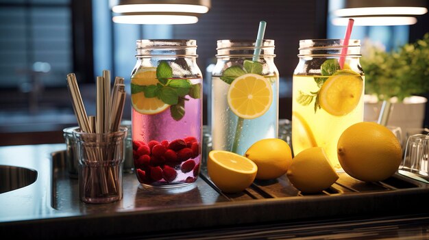 une table avec des jarres de fraises, de fraises et de citrons