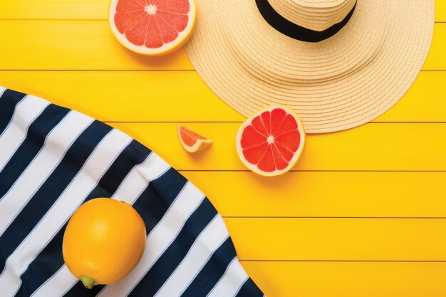 Une table jaune avec une nappe rayée et une assiette de fruits et un chapeau