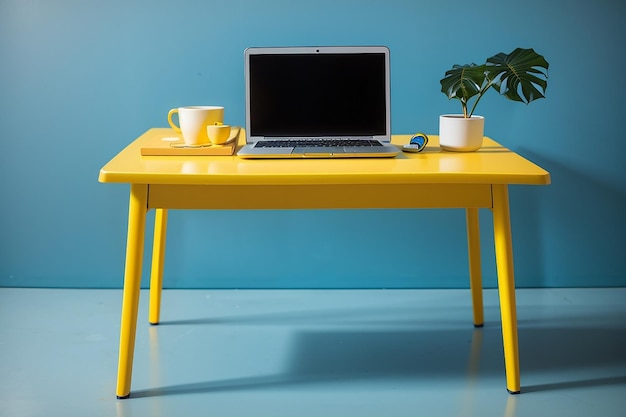 Table jaune avec ordinateur portable sur fond bleu