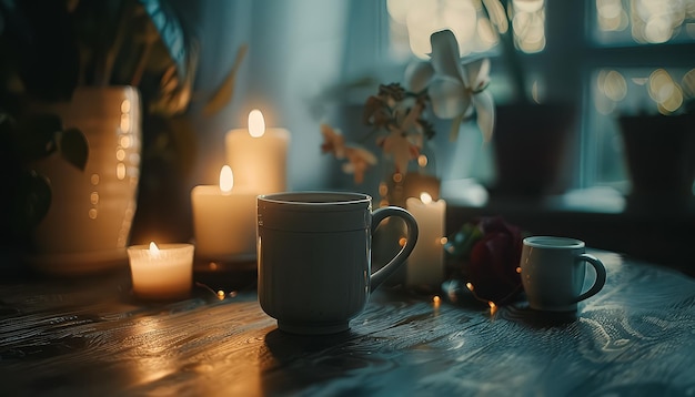 Une table avec un jeu de thé, des bougies et une tasse de thé.