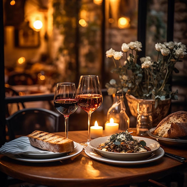 Une table joliment dressée dans un restaurant italien avec des bougies sur la table 2 verres de vin