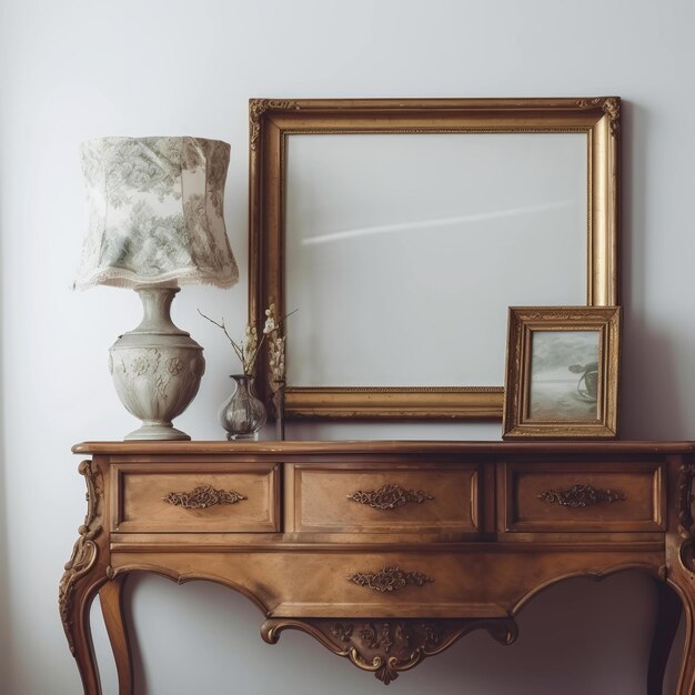 Une table avec une lampe et un cadre photo dessus