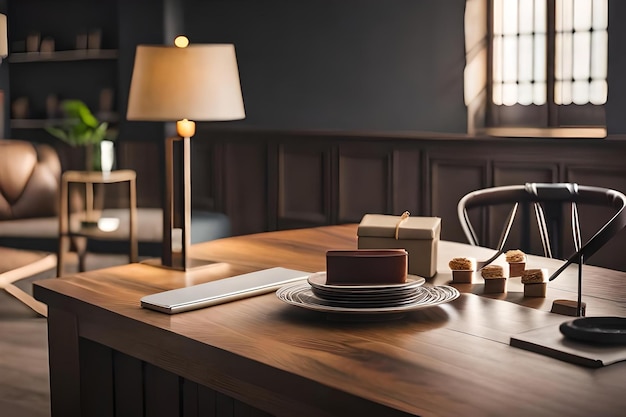 Une table avec une lampe et un gâteau dessus.